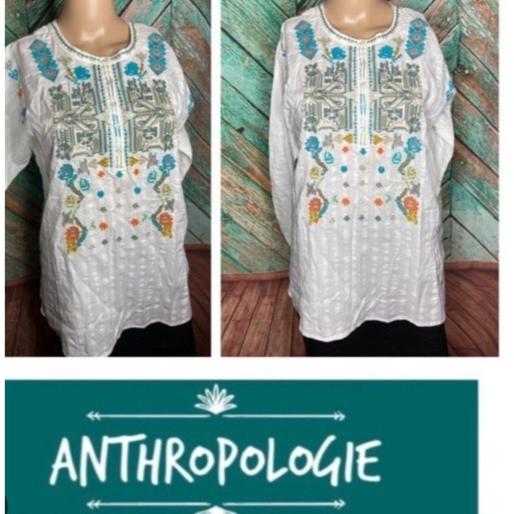 Dylan Anthropologie White Textured Embroidery BOHO West 1/4 Button Tunic Sz  M